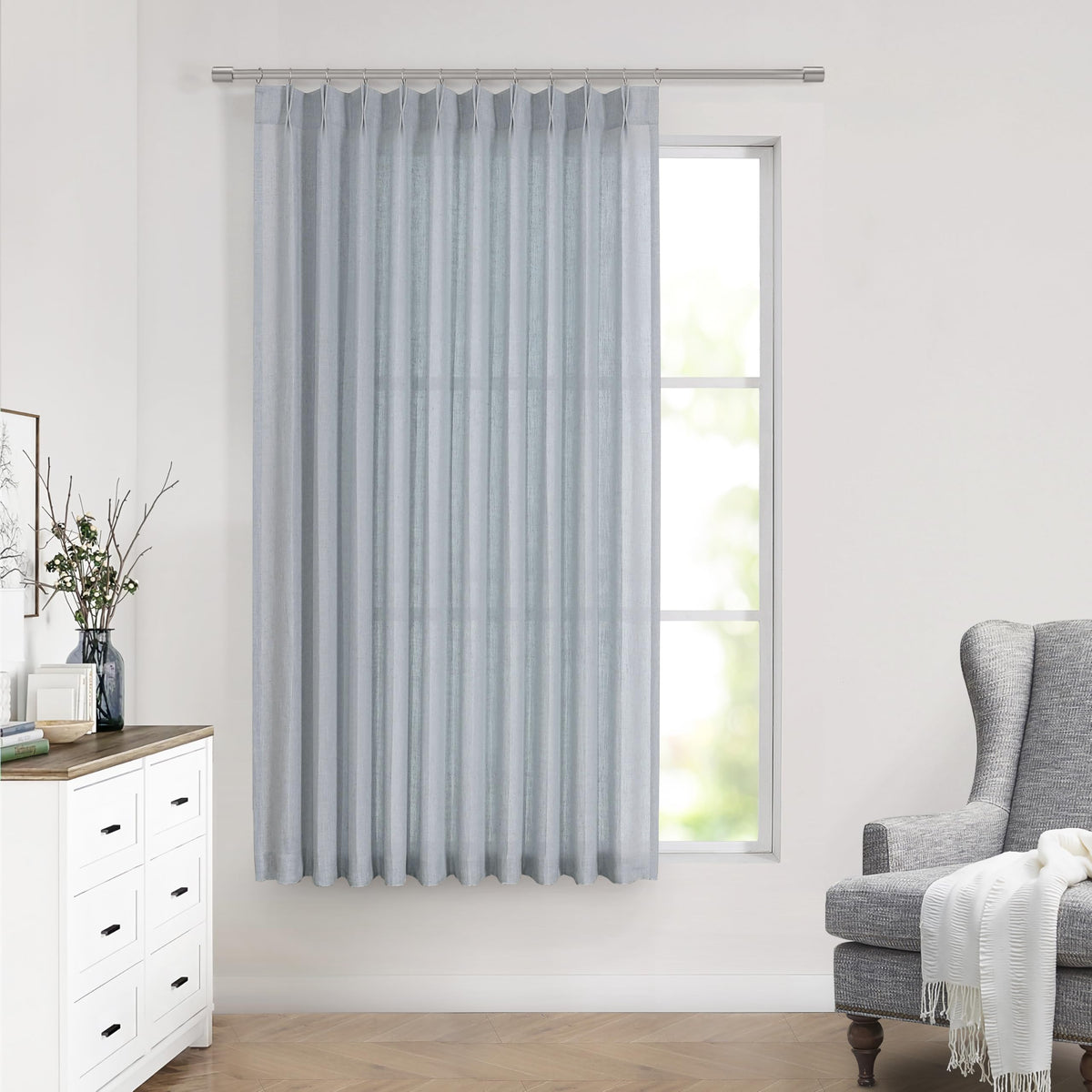 Vision Home Natural Linen Pinch Pleated Semi Sheer Curtains 42Wx90Lx2