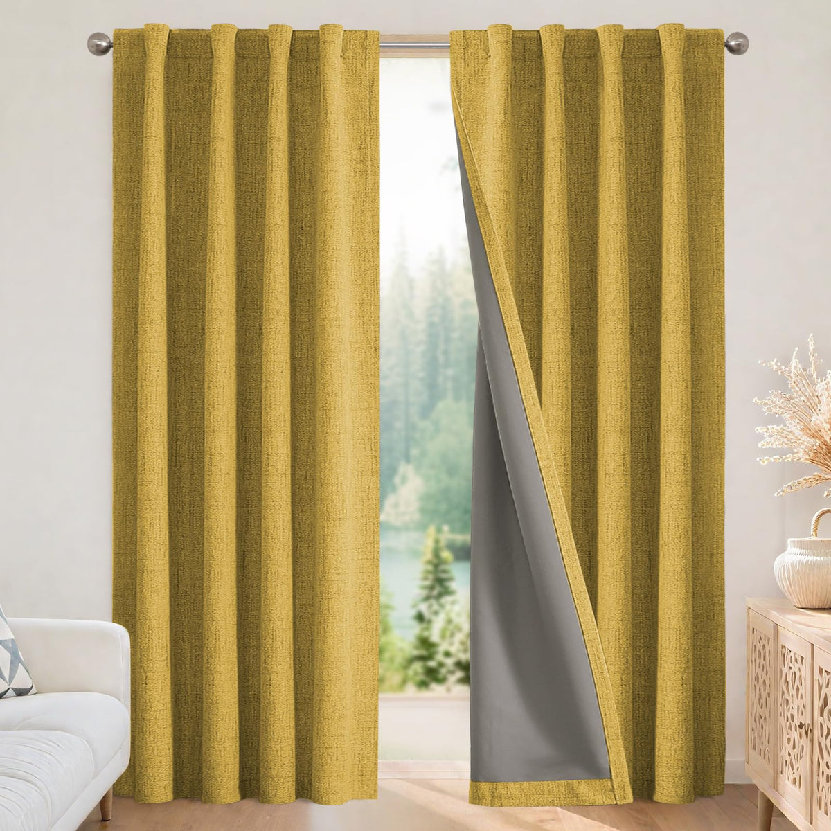 Joydeco 100% Blackout Curtains for Bedroom - Nature Linen 84 Inch Long