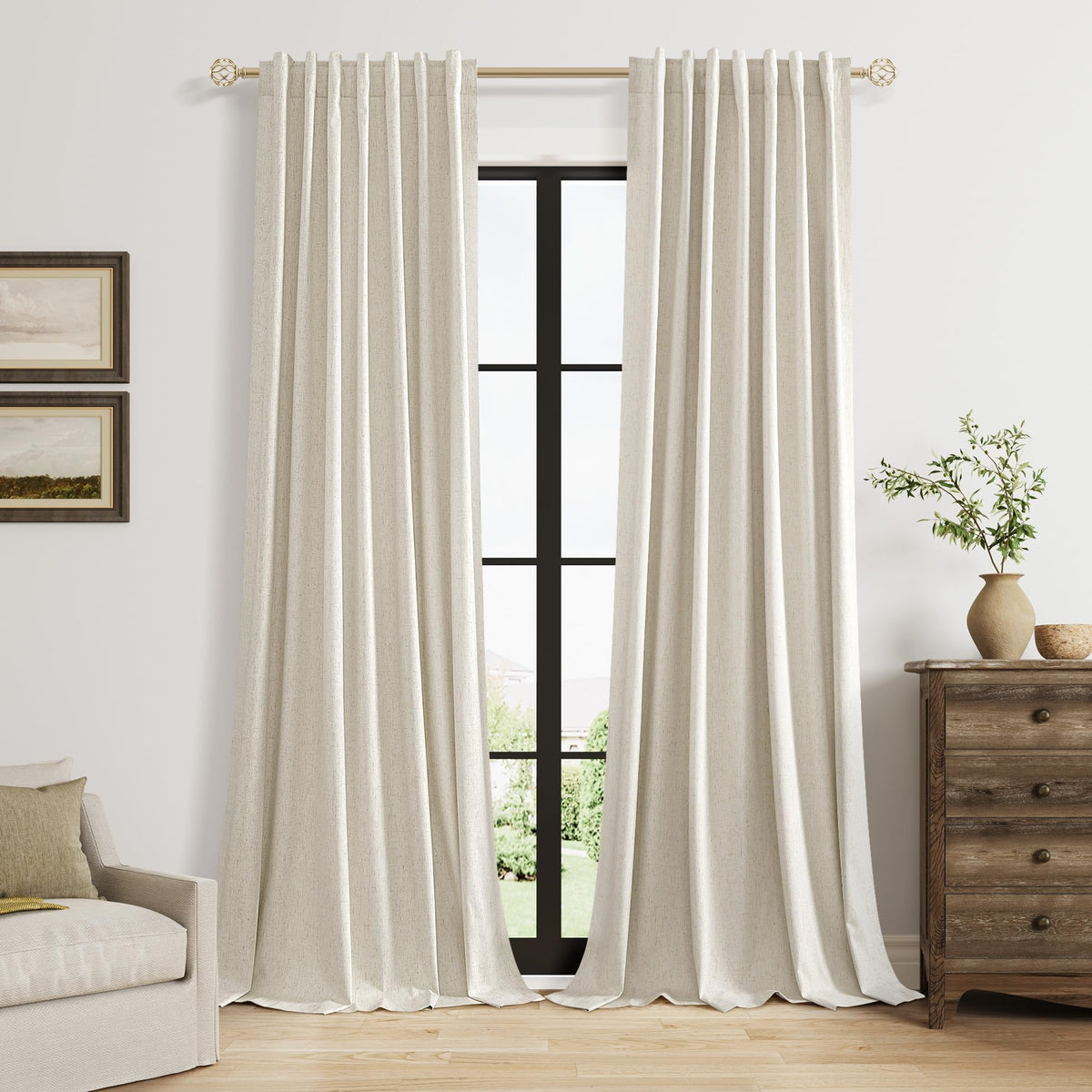 Guken Cream Linen Blackout Curtains 84 Inch Length 2 Panels Set for Living Room Bedroom Back Tab Thermal Insulated 100% Black Out Drapes Room Darkening Window Curtain Ivory Natural Beige