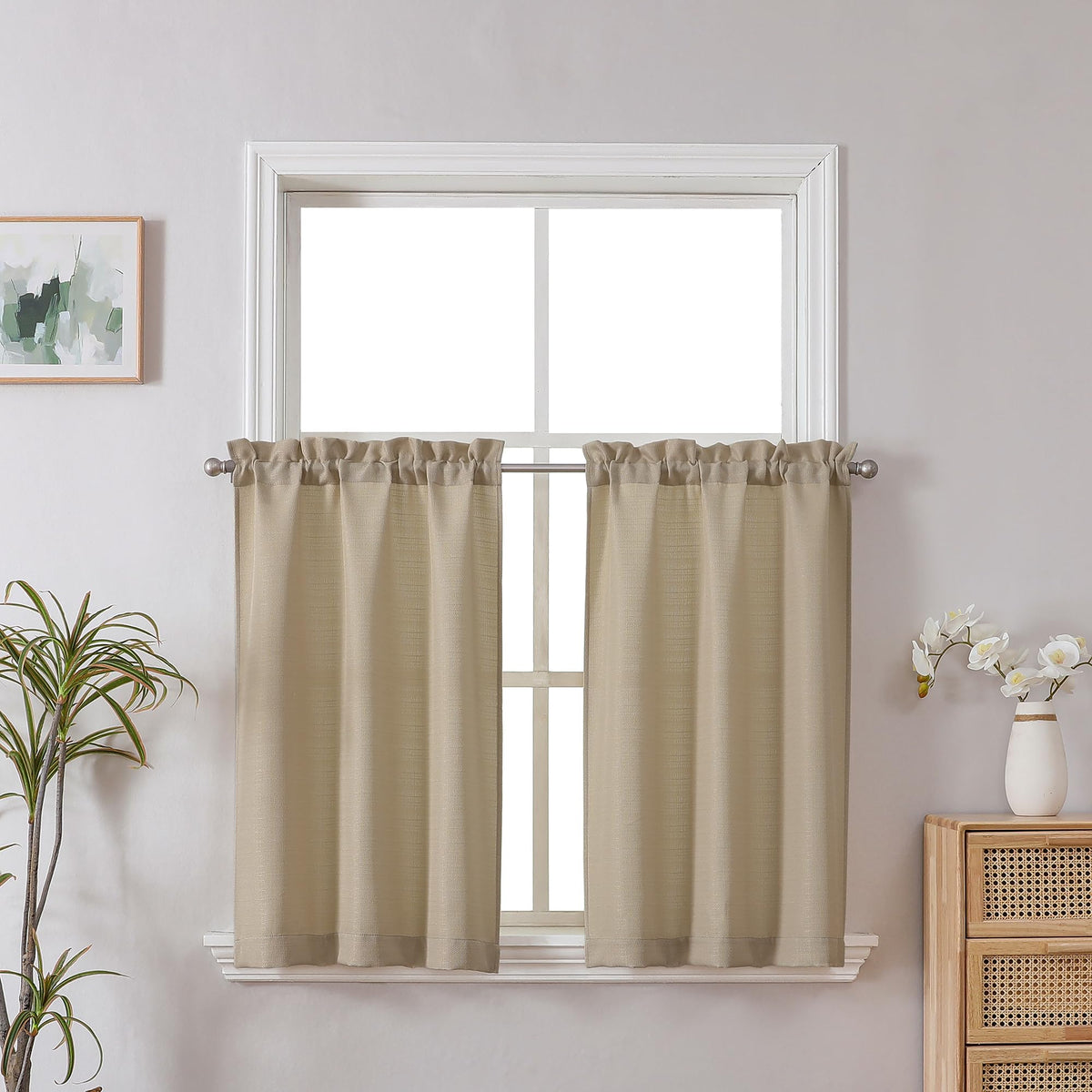 Chyhomenyc White Curtains 45 Inch Length 2 Panels, Faux Linen Textured
