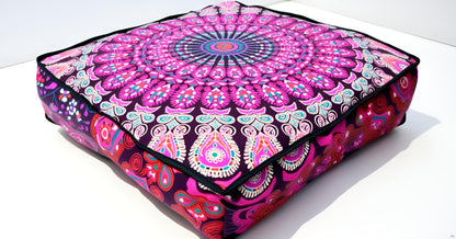 24" Black Gold Flower Mandala Barmeri Large Floor Pillow Cover Cushion Meditation Seating Ottoman Throw Cover Hippie Decorative Zipped Bohemian Pouf Ottoman Pom Pom Cases 24 " square