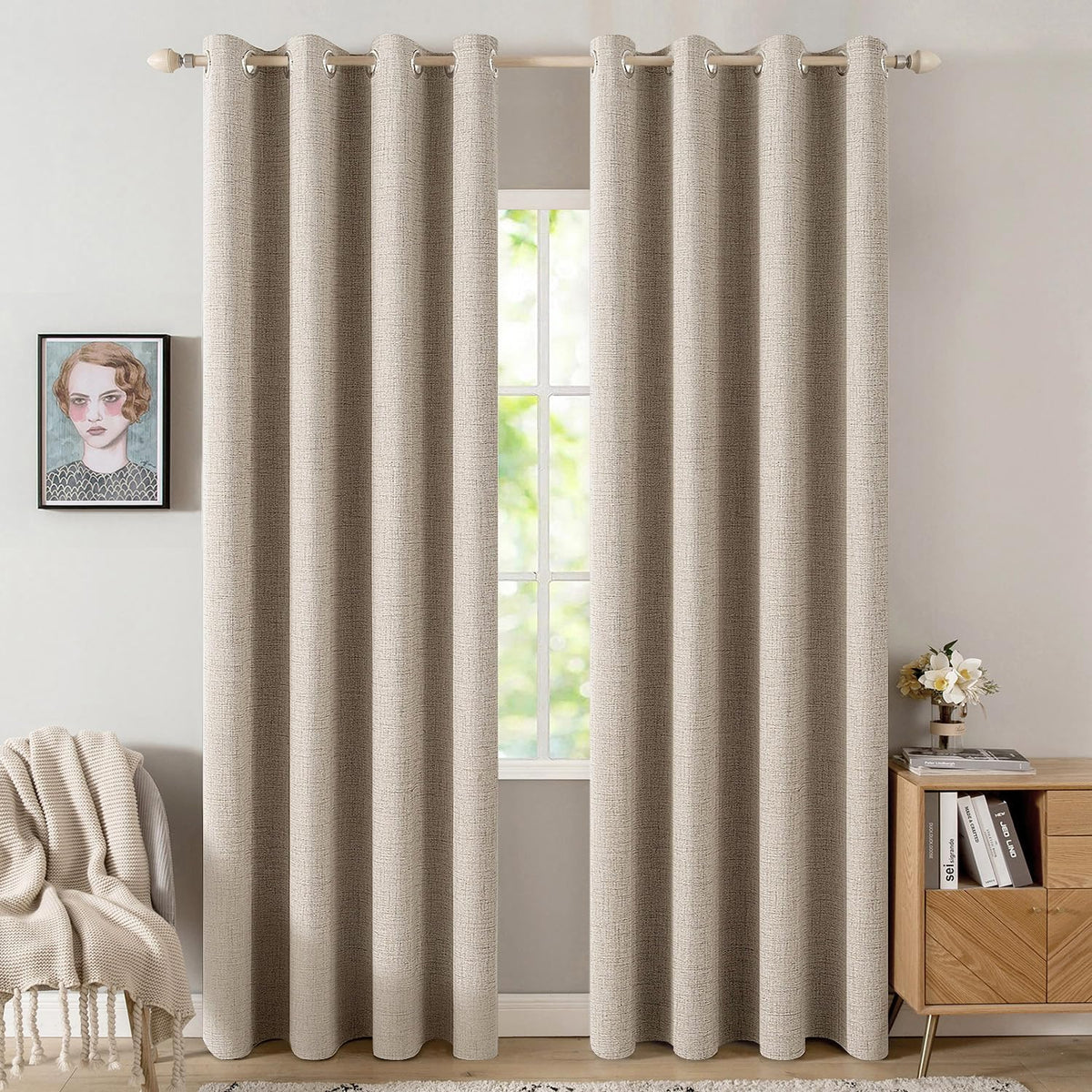 MIULEE 100% Blackout Linen Curtains for Bedroom 52x84 Inches Natural Beige