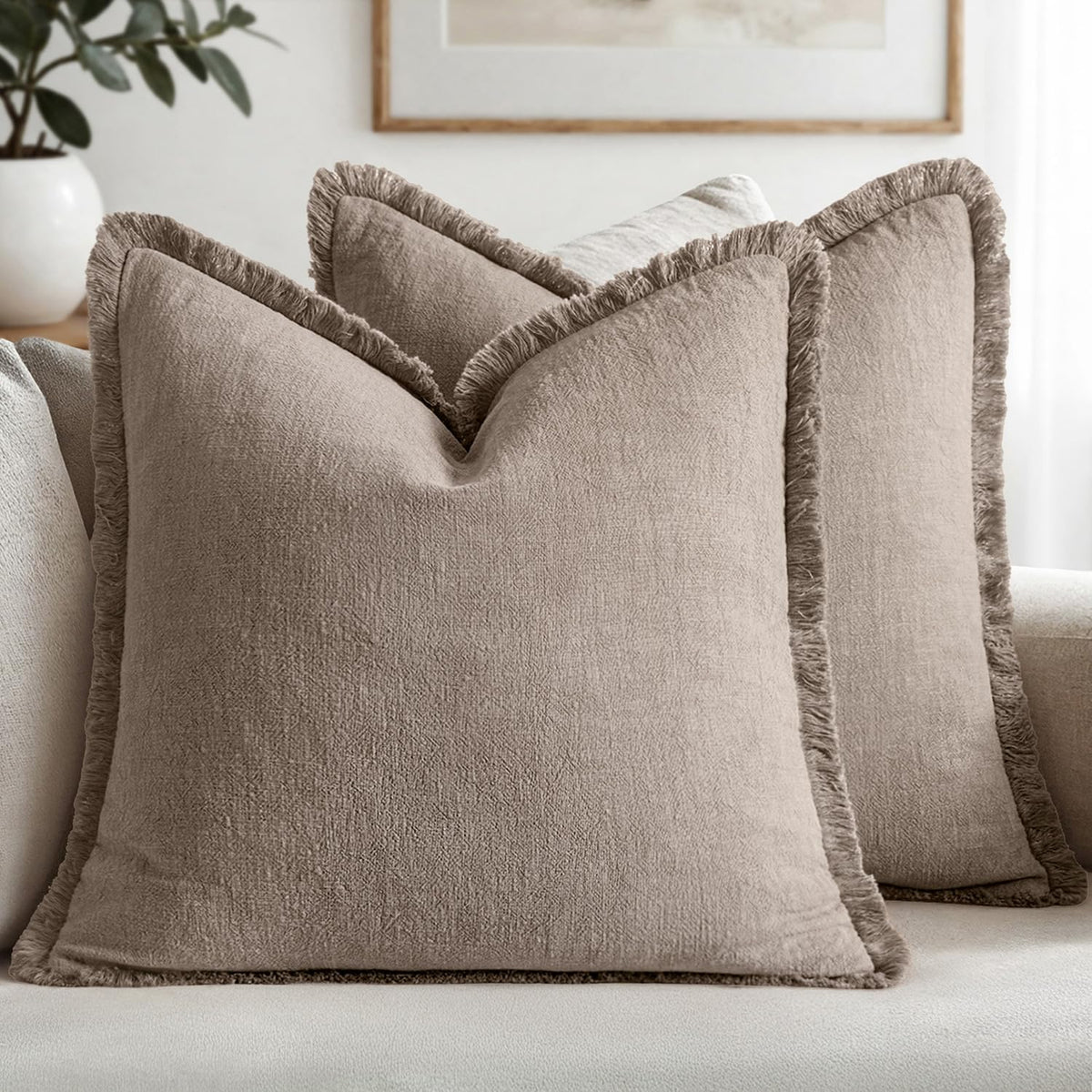 MIULEE Linen Fringe Decorative Fall Throw Pillow Covers Cocoa Brown 18x18