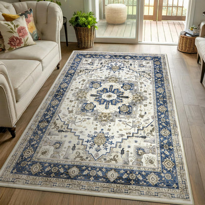 Washable Area Rug for Living Room: 9x12 Modern Abstract Neutral Soft Rug for Bedroom Dining Room No Slip Low Pile Carpet for Nursery Home Office - Grey/Blue