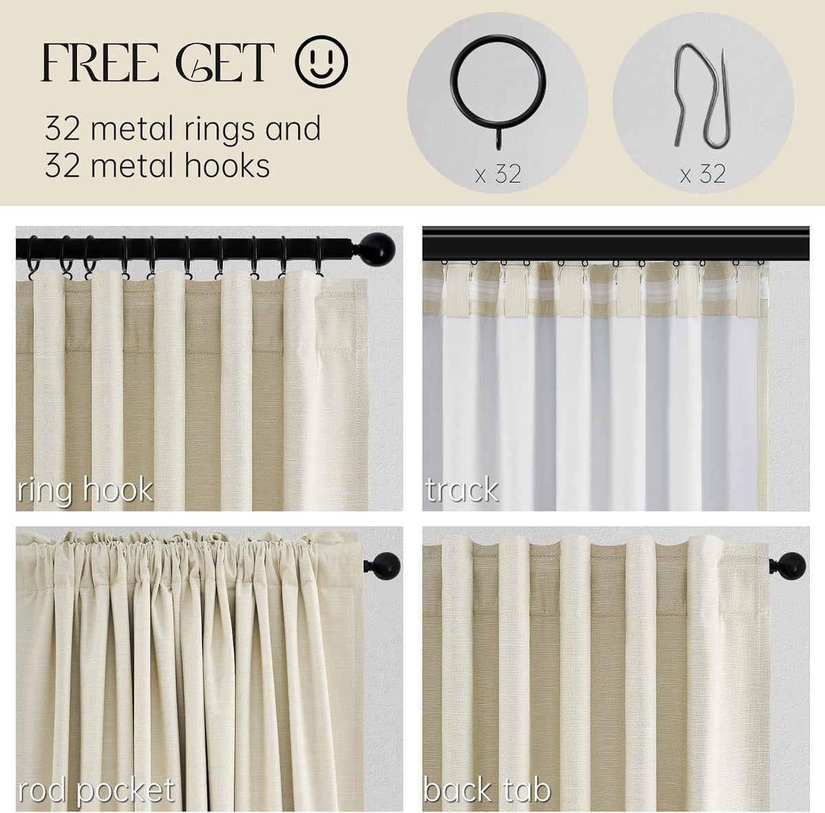 Topfinel Cream Ivory Blackout Curtains & Drapes 84 Inch Length, Beige Pinch Pleat Full Blackout Flax Linen Tab Top Soundproof Curtains with Hooks Rings for Bedroom Living Room Track 2 Panels Set