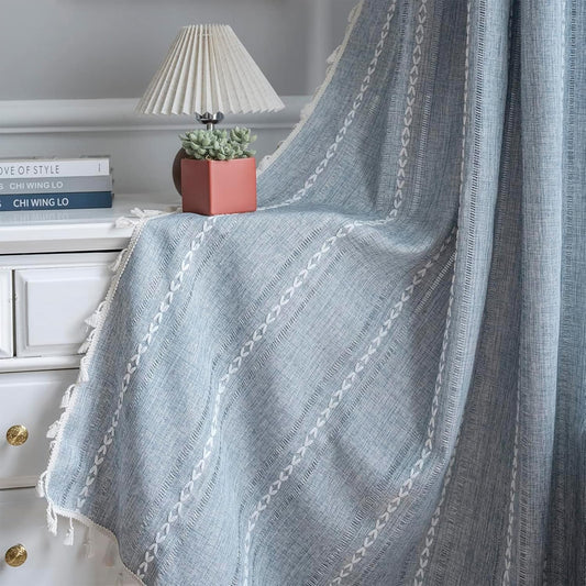 ColorBird Blue Boho Curtains Linen-Textured for Living Room Bedroom Light Filtering 84 Inches 2 Panels Farmhouse Embroidered Striped Curtains & Drapes for Nursery Dining Room Closet Window Treatments
