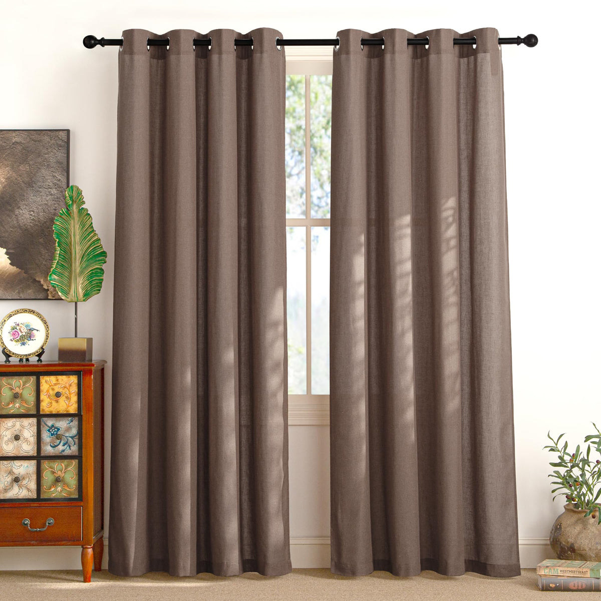 NICETOWN Natural Linen Curtains 84 inch Long 2 Panels Set, Grommet Top Thick Linen Burlap Semi Sheer Vertical Drapes Privacy Assured with Light Filtering for Bedroom/Living Room, W55 x L84