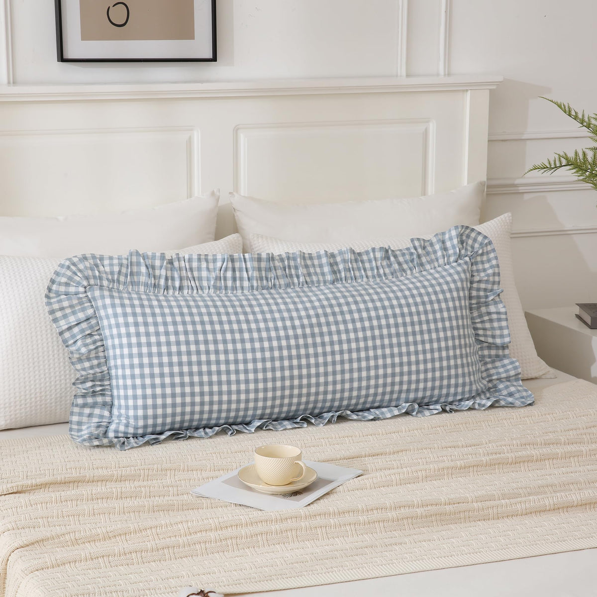 14x36 inches Sage Green Plaid Ruffle Lumbar Pillow Sham 1 Piece