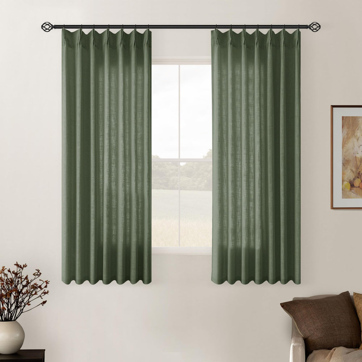 TWODRAPES Natural Pinch Pleated Linen Semi Sheer 84 Inch Curtains 2 Panels