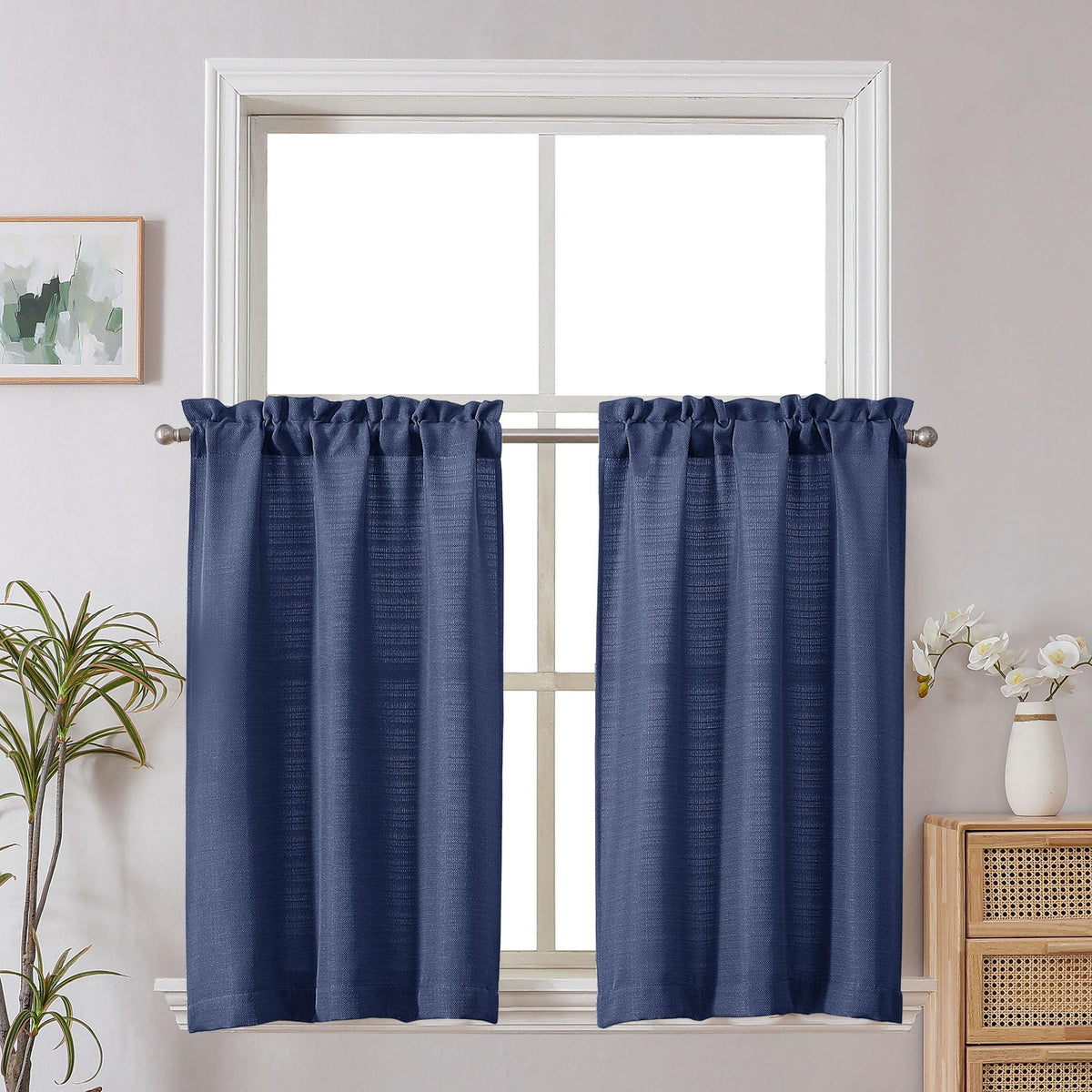Chyhomenyc White Curtains 45 Inch Length 2 Panels, Faux Linen Textured