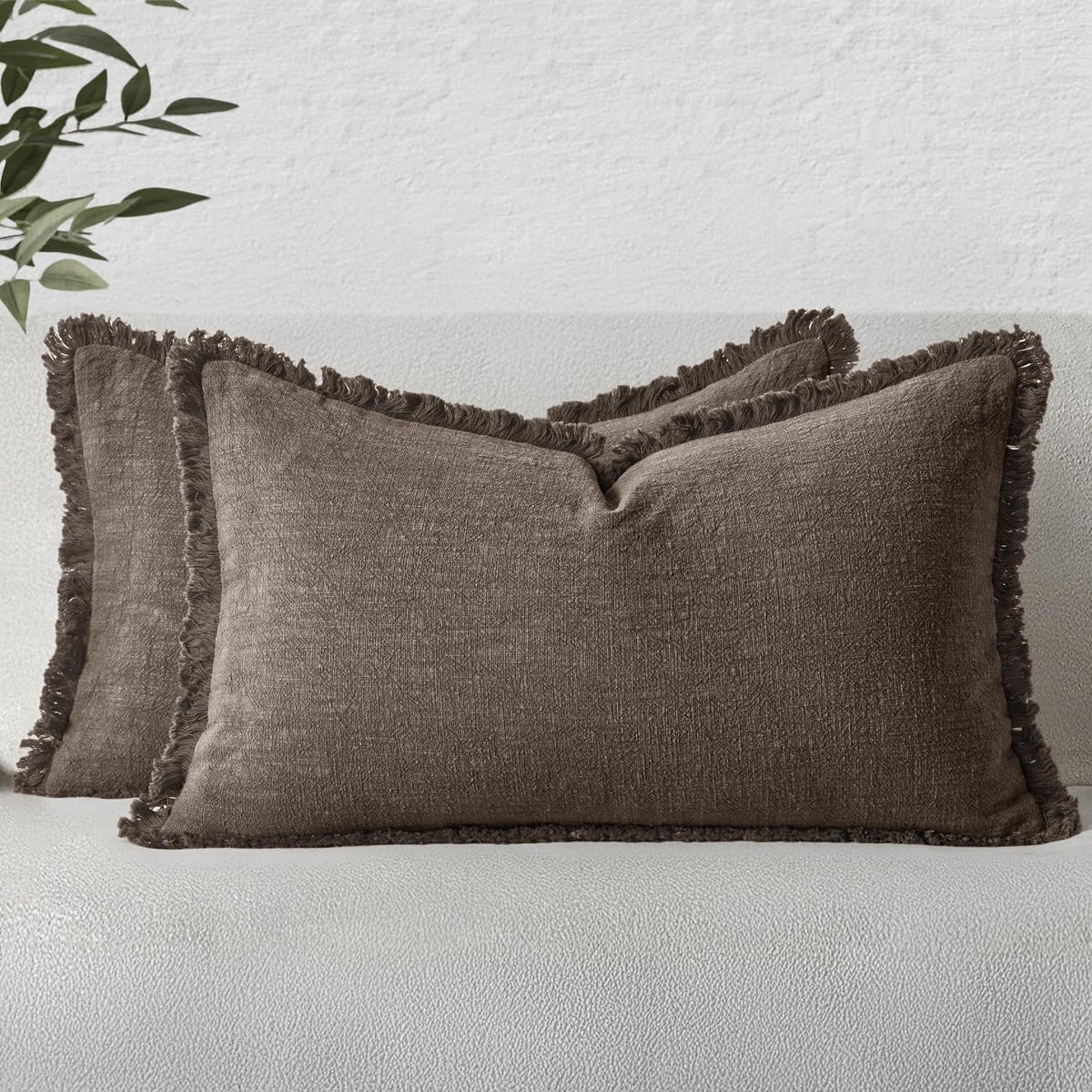 MIULEE Linen Fringe Decorative Fall Throw Pillow Covers Cocoa Brown 18x18