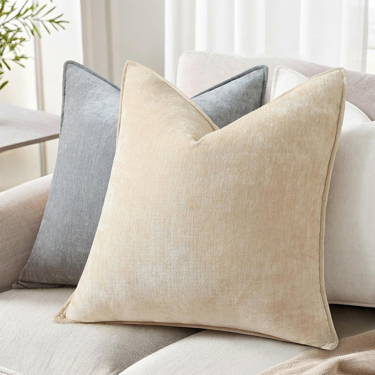 decorUhome Chenille Beige Velvet Throw Pillow Covers 18x18 Set of 2