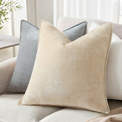 decorUhome Chenille Beige Velvet Throw Pillow Covers 18x18 Set of 2