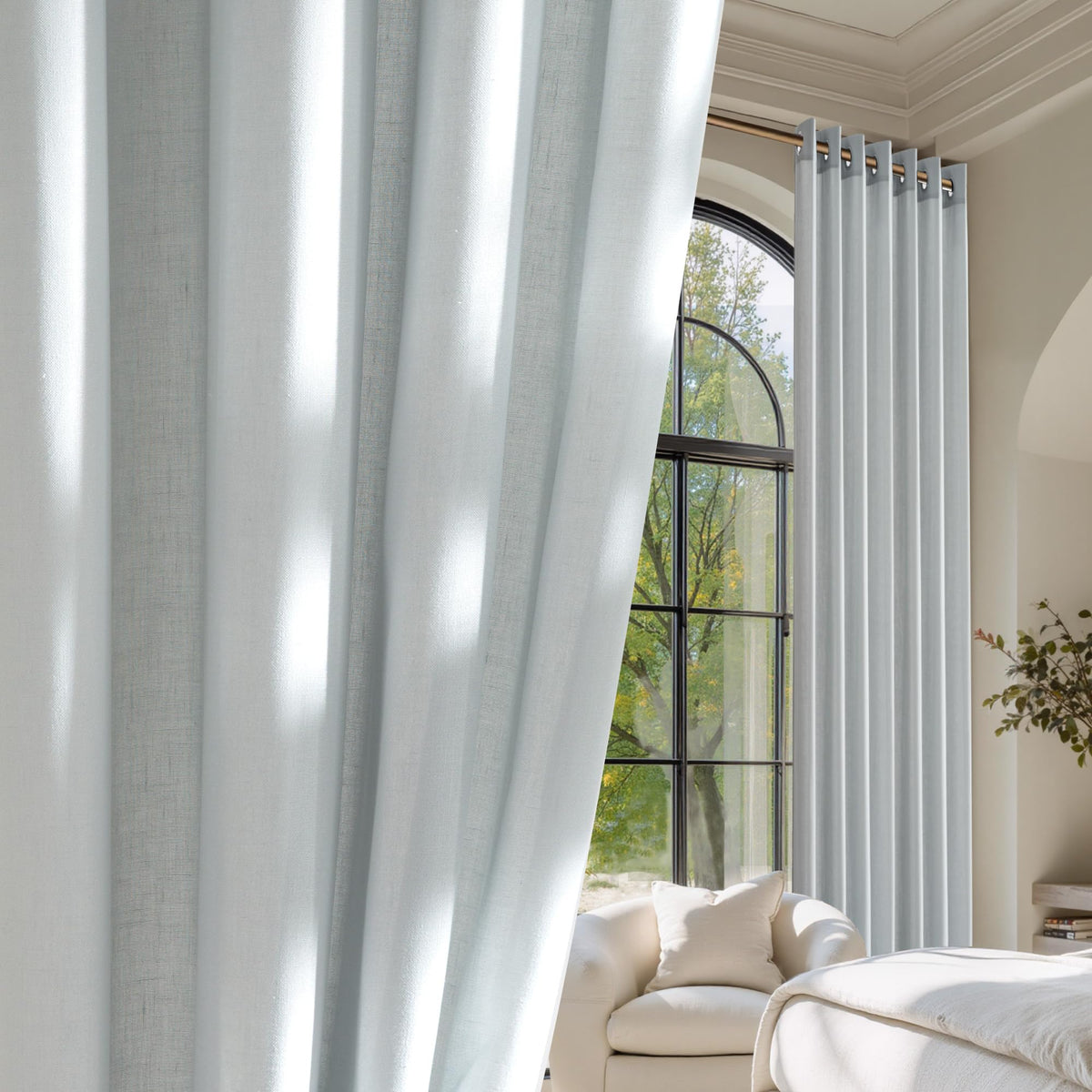NICETOWN Natural Linen Curtains 84 inch Long 2 Panels Set, Grommet Top Thick Linen Burlap Semi Sheer Vertical Drapes Privacy Assured with Light Filtering for Bedroom/Living Room, W55 x L84