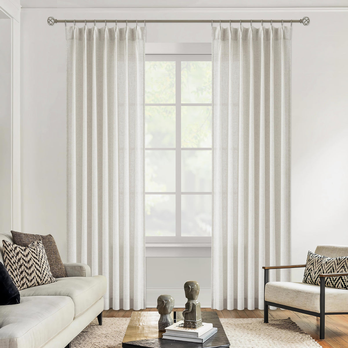 Vision Home Natural Linen Pinch Pleated Semi Sheer Curtains 42Wx90Lx2