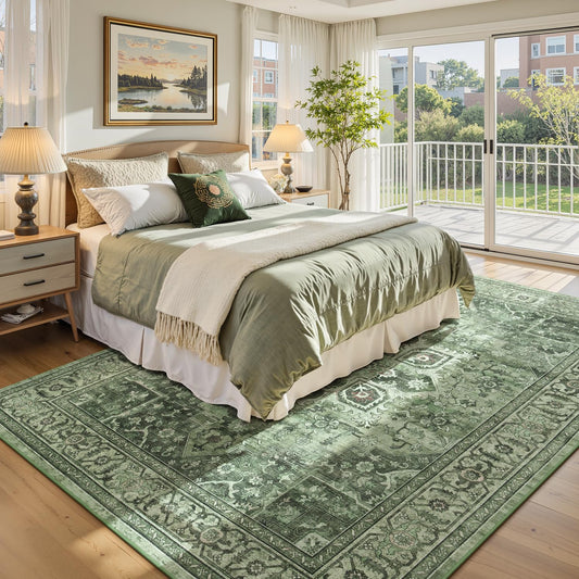 Sage Green 8x10 Area Rug for Living Room, Vintage Boho Large Carpet