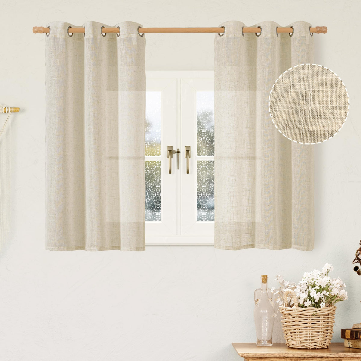 LAMIT Cream Ivory Linen Semi Sheer Curtains 84 inch Length for Bedroom