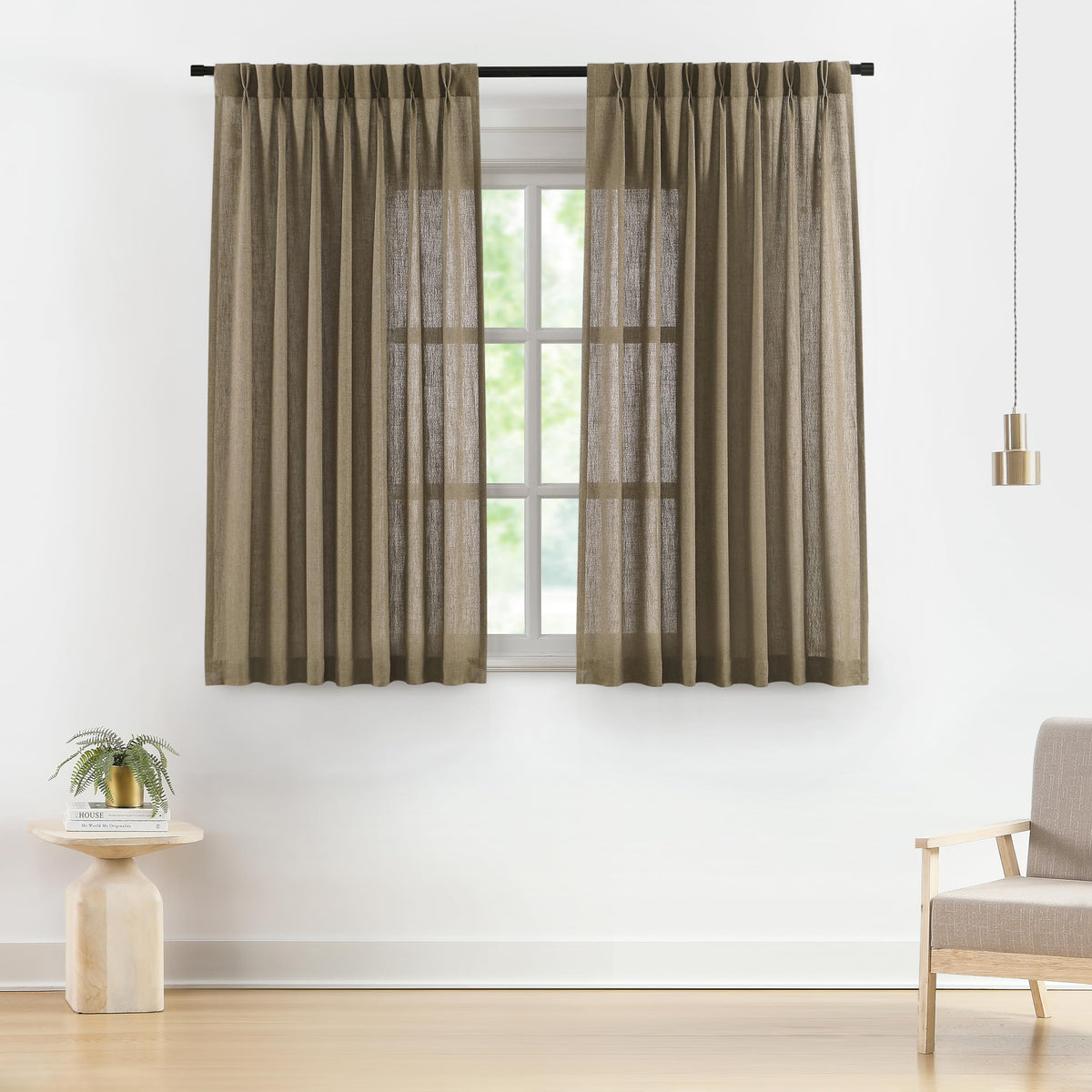 Vision Home Natural Linen Pinch Pleated Semi Sheer Curtains 42Wx90Lx2