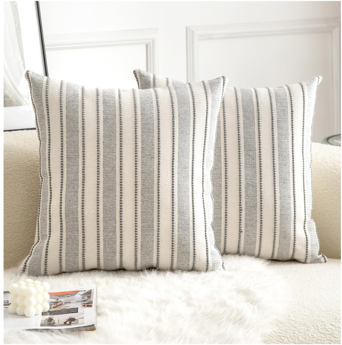 Cethom Decorative Boho Throw Pillow Covers, Farmhouse Textured Pillow Case, 18 x 18 Inch Set of 2, Chair Sofa Bedroom Living Room Home Decor Couch Cushion Case, Classic Blue and Beige Striped