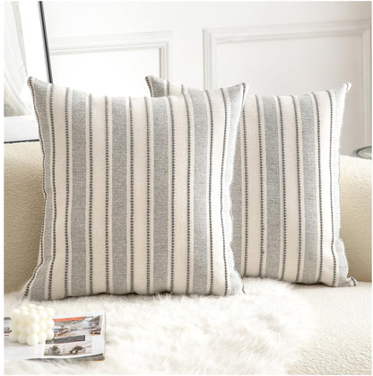 Cethom Decorative Boho Throw Pillow Covers, Farmhouse Textured Pillow Case, 18 x 18 Inch Set of 2, Chair Sofa Bedroom Living Room Home Decor Couch Cushion Case, Classic Blue and Beige Striped