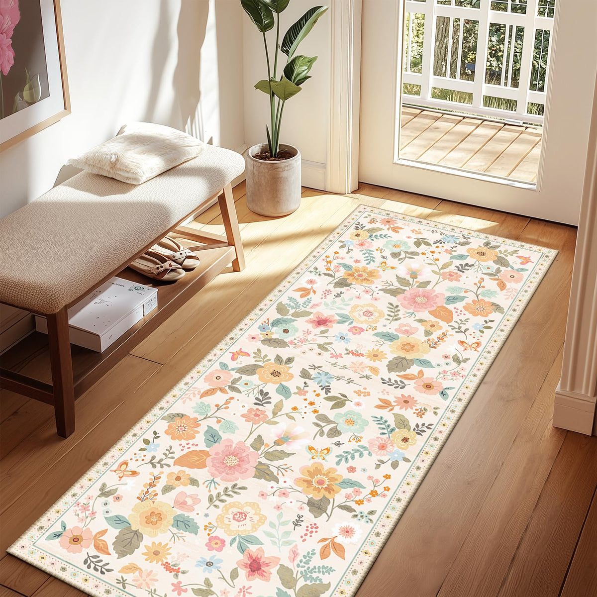 RELEANY Floral Washable 5x7 Area Rugs Pink