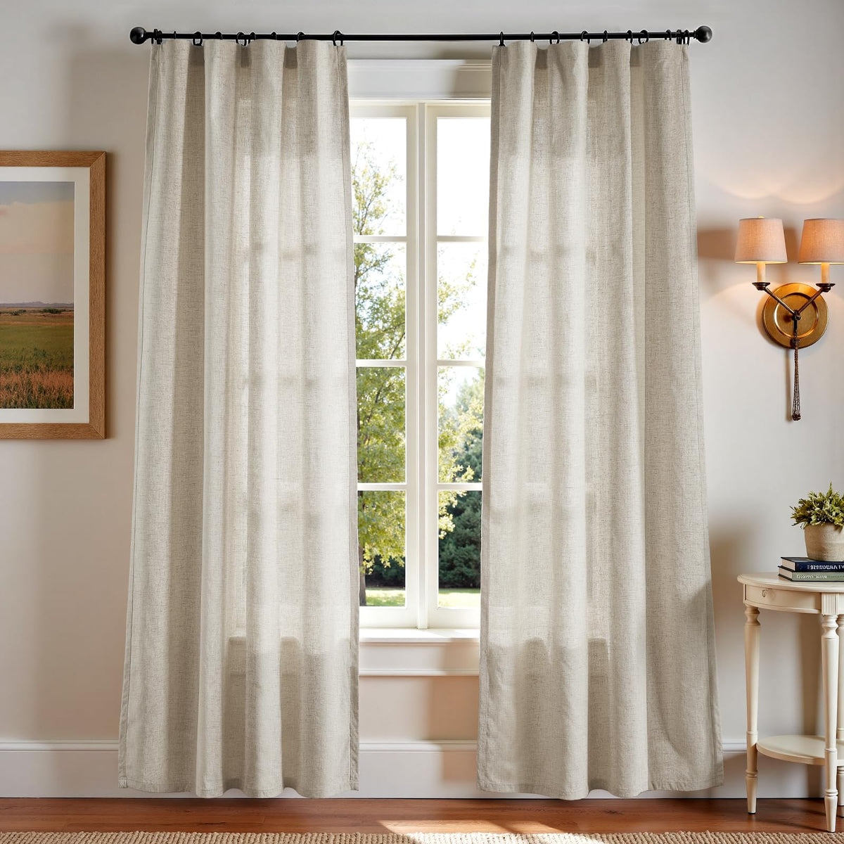 jinchan Linen Curtains Light Filtering Back Tab 50x96 Inch 2 Panels Beige