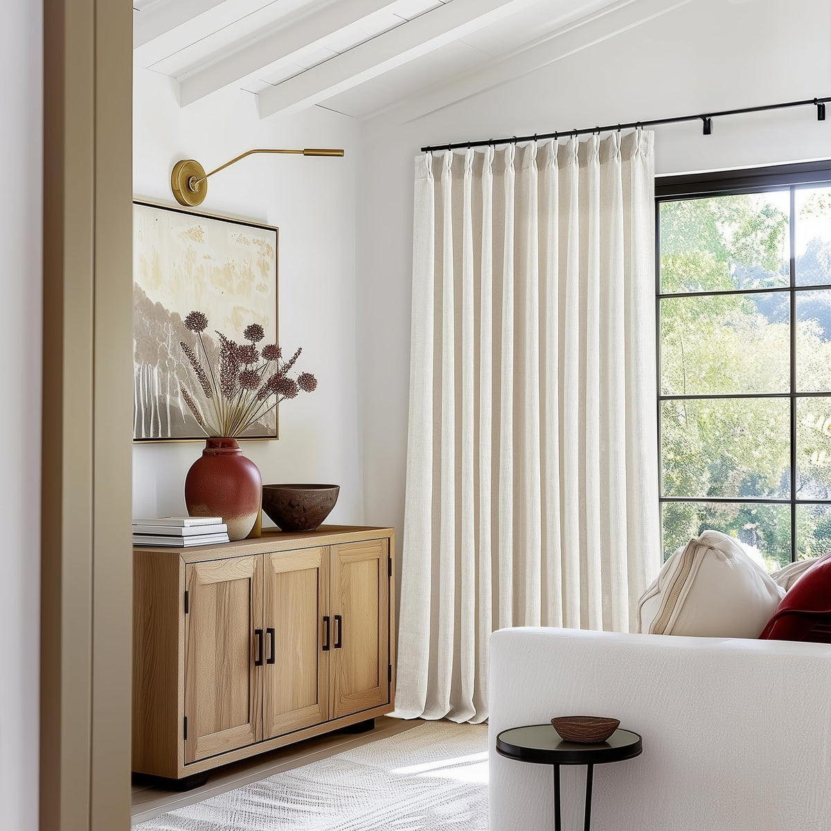 TWODRAPES Natural Pinch Pleated Linen Semi Sheer 84 Inch Curtains 2 Panels
