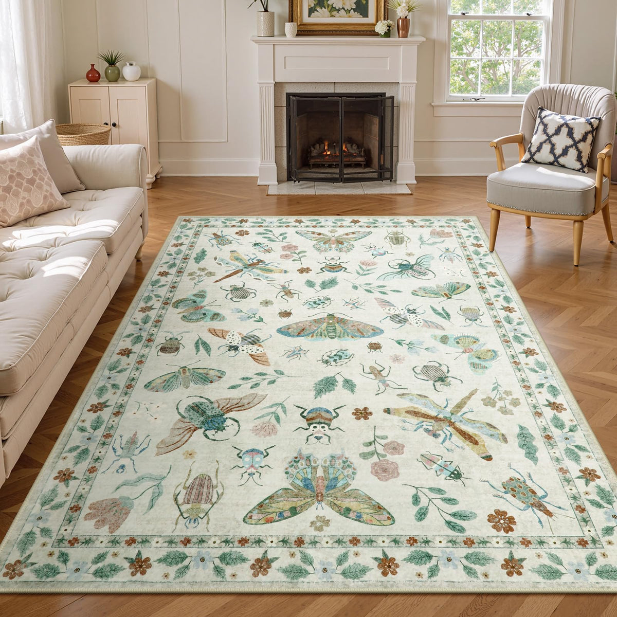 Lahome Bug Washable Area Rugs 5x7, Soft Green Rug for Living Room Bedroom