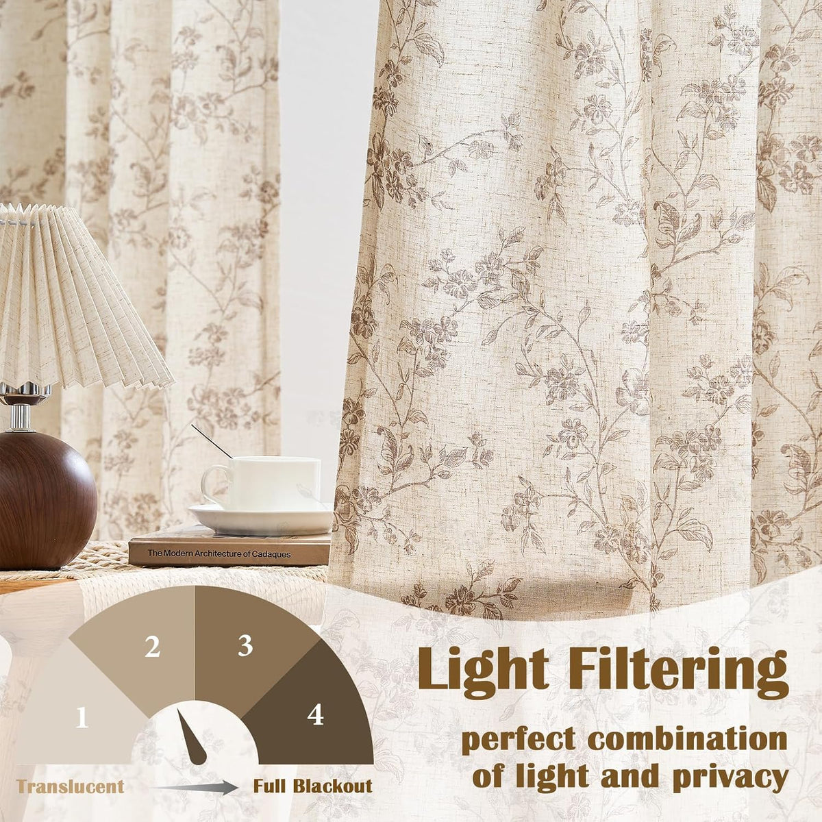 Lazzzy Taupe Vintage Floral Linen Curtains Farmhouse 50W X 84L 2 Panels