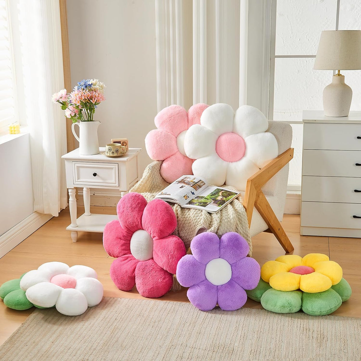 Pink Flower Pillow, Soft Flower Shaped Throw Pillows with Faux Rabbit Fur for Home Decorative,Cute Flower Throw Pillow Cushion for Bed Sofa Couch (Small - 15.7 Inch)