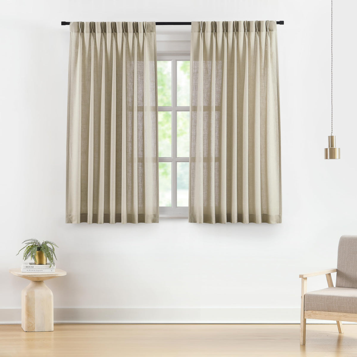 Vision Home Natural Linen Pinch Pleated Semi Sheer Curtains 42Wx90Lx2