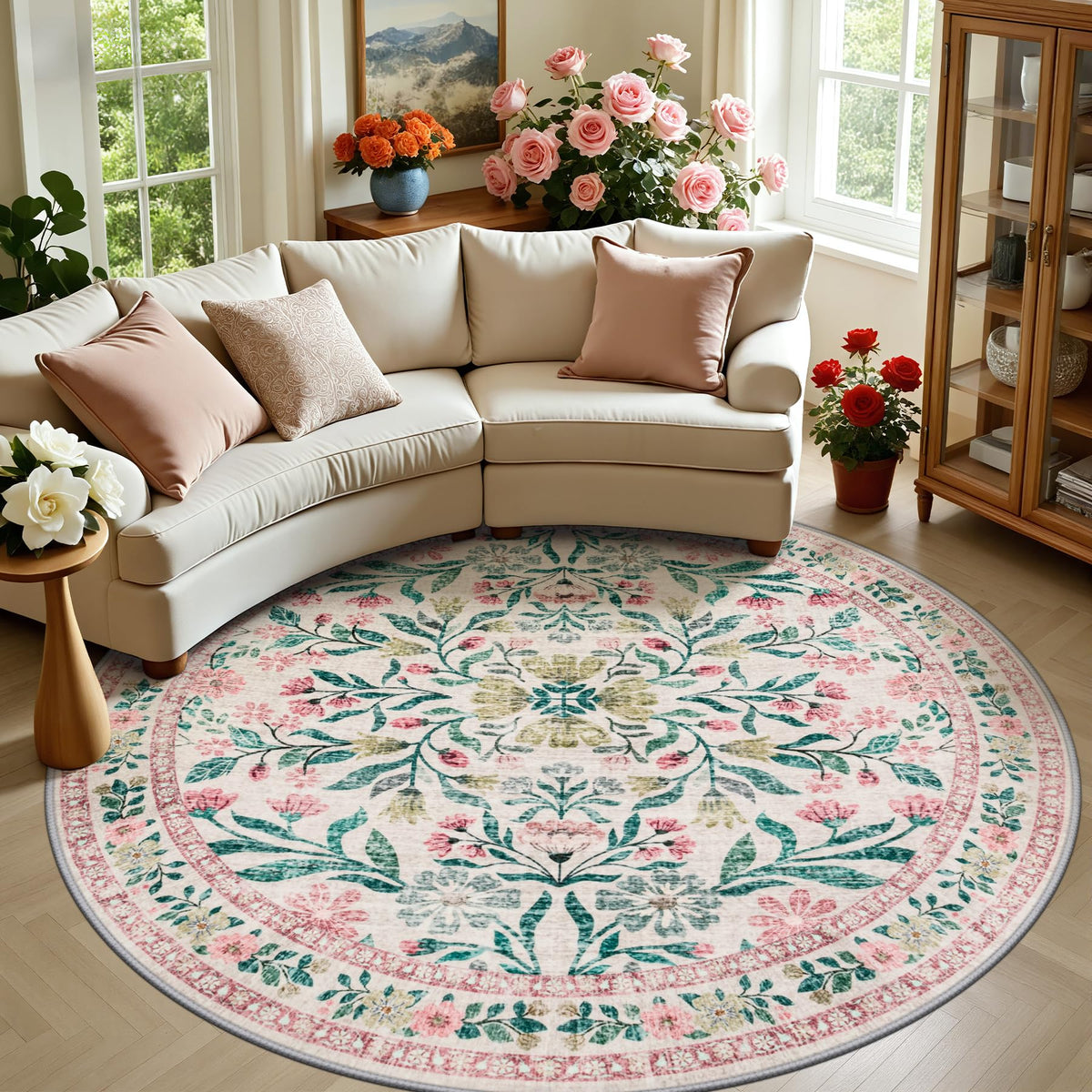 PLHXFR 8x10 Area Rug Living Room: Floral Washable Boho Carpet Dark Green