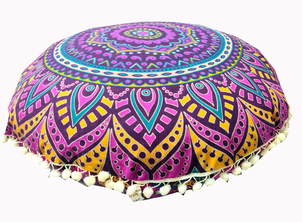 24" Black Gold Flower Mandala Barmeri Large Floor Pillow Cover Cushion Meditation Seating Ottoman Throw Cover Hippie Decorative Zipped Bohemian Pouf Ottoman Pom Pom Cases 24 " square