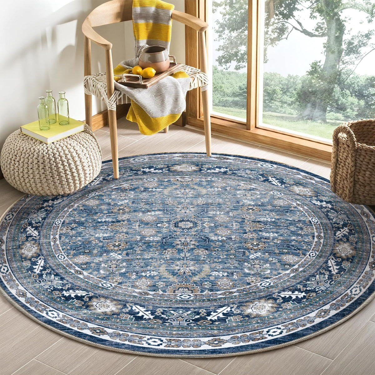 OPPODREAM Vintage Blue Area Rugs 5x7, Washable Rug for Living Room