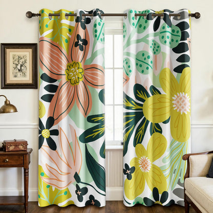 Tyrot Black Boho Floral Grommet Blackout Curtains, 52W x 84L, 2 Panels