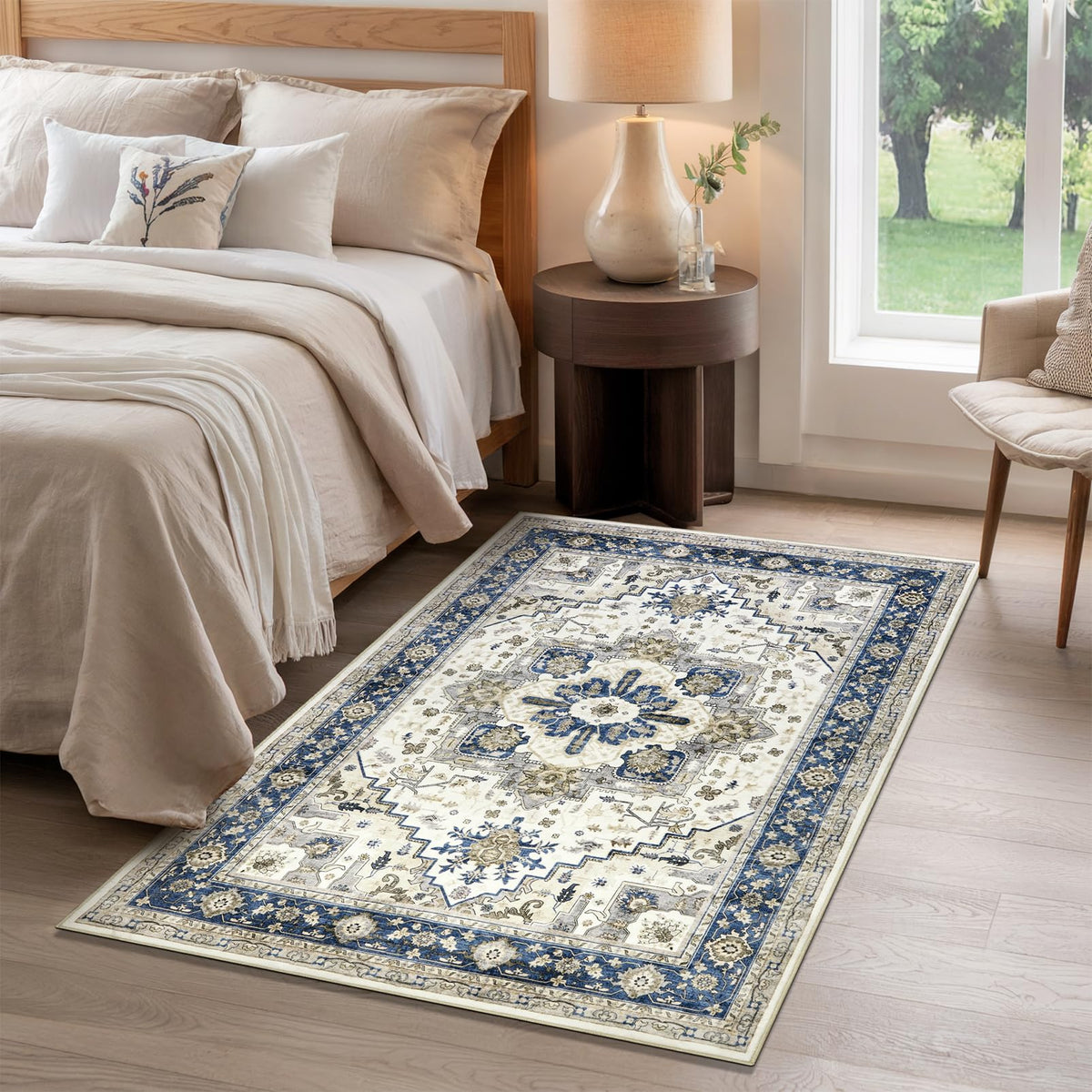Washable Area Rug for Living Room: 9x12 Modern Abstract Neutral Soft Rug for Bedroom Dining Room No Slip Low Pile Carpet for Nursery Home Office - Grey/Blue