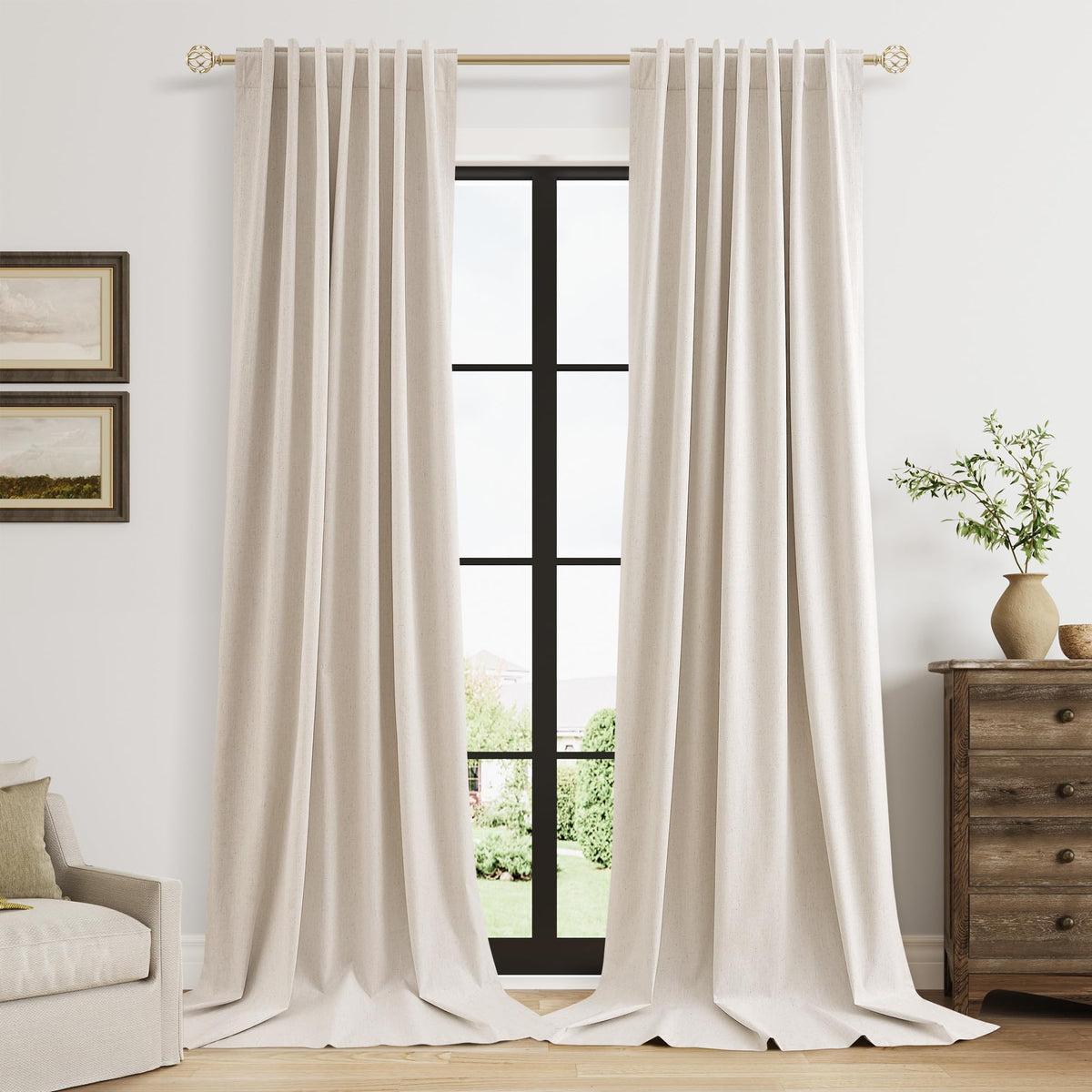 Guken Cream Linen Blackout Curtains 84 Inch Length 2 Panels Set for Living Room Bedroom Back Tab Thermal Insulated 100% Black Out Drapes Room Darkening Window Curtain Ivory Natural Beige
