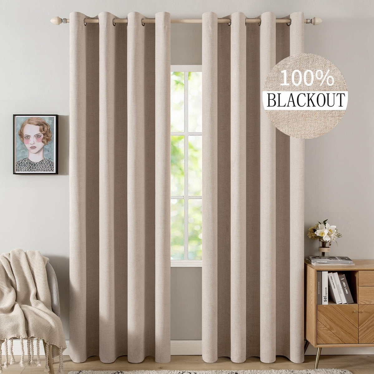 MIULEE 100% Blackout Linen Curtains for Bedroom 52x84 Inches Natural Beige