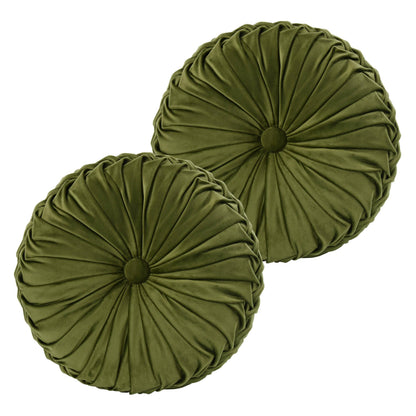 HIG Set of 2 Beige Velvet Decorative Round Pleated Throw Pillows