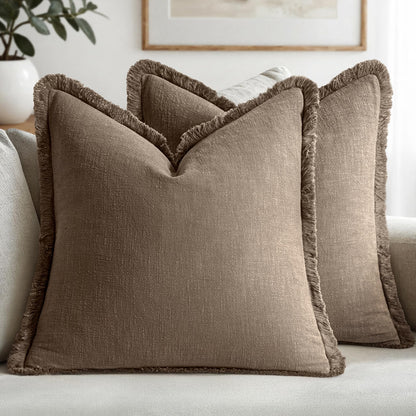 MIULEE Linen Fringe Decorative Fall Throw Pillow Covers Cocoa Brown 18x18