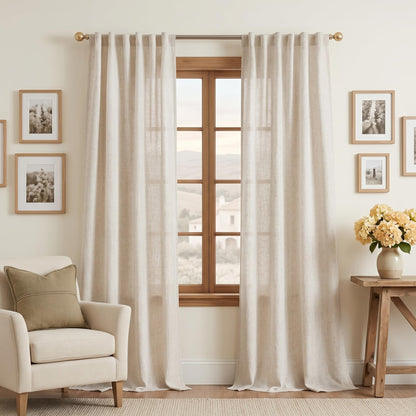 MYSKY HOME Linen Curtains for Living Room, Natural Semi Sheer Curtains & Drapes 84 inches Length 2 Panels Set Farmhouse Country Boho Style Back Tab Draperies for Sliding Glass Door, 50" Wide, Linen