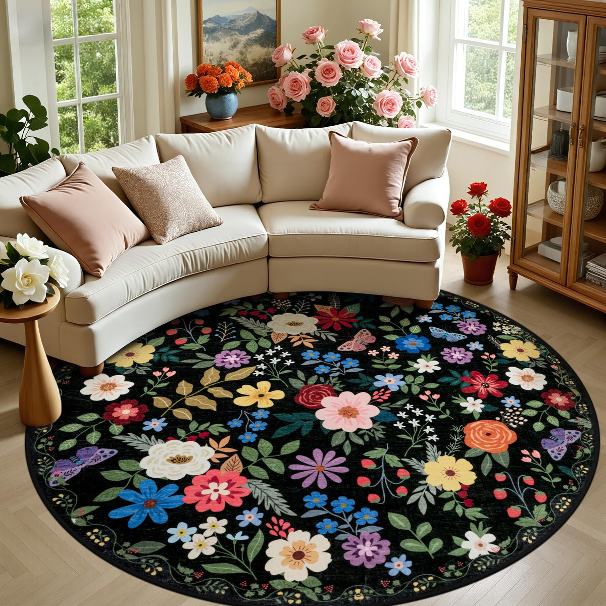 PLHXFR 8x10 Area Rug Living Room: Floral Washable Boho Carpet Dark Green