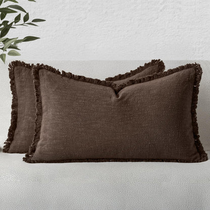 MIULEE Linen Fringe Decorative Fall Throw Pillow Covers Cocoa Brown 18x18