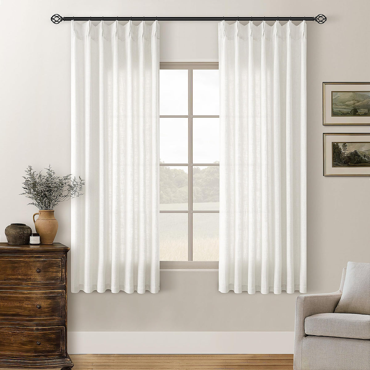 TWODRAPES Natural Pinch Pleated Linen Semi Sheer 84 Inch Curtains 2 Panels