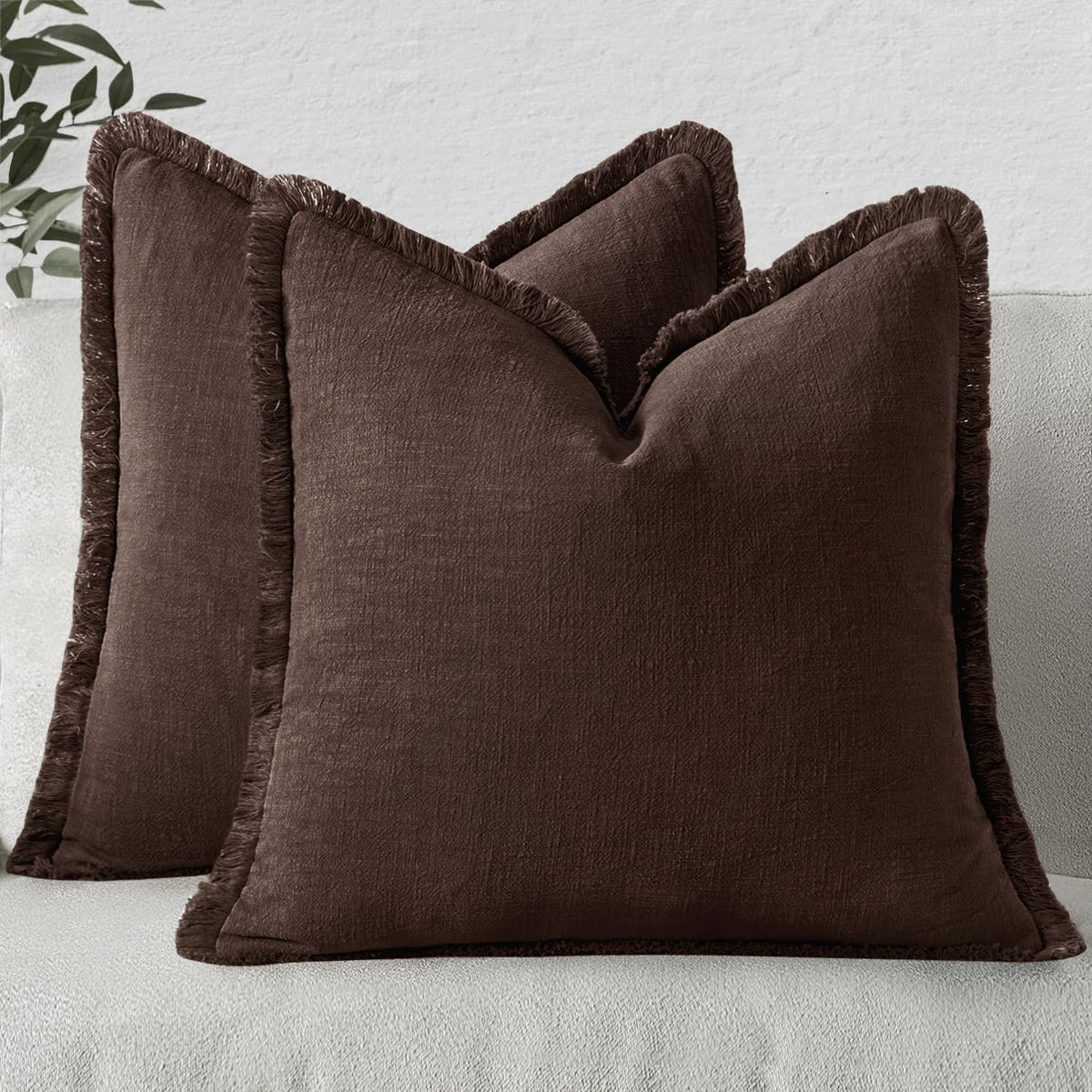 MIULEE Linen Fringe Decorative Fall Throw Pillow Covers Cocoa Brown 18x18