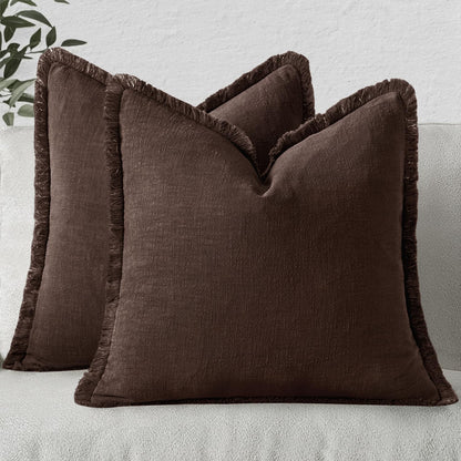 MIULEE Linen Fringe Decorative Fall Throw Pillow Covers Cocoa Brown 18x18