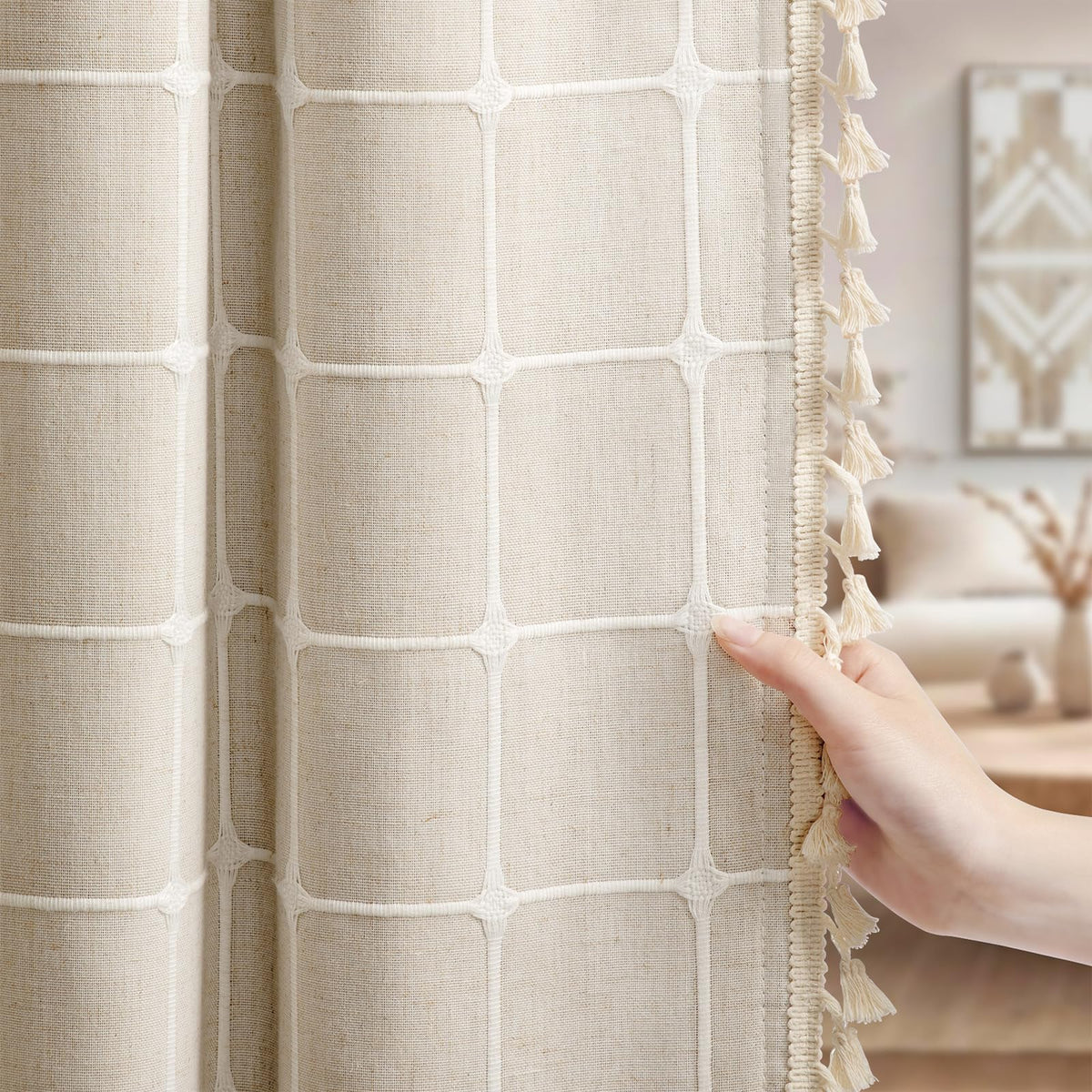 Boho 100% Blackout Curtains 84 Inch 2 Panels Linen Blend Beige