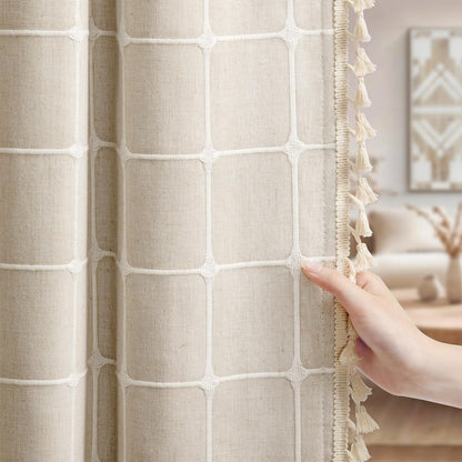Boho 100% Blackout Curtains 84 Inch 2 Panels Linen Blend Beige