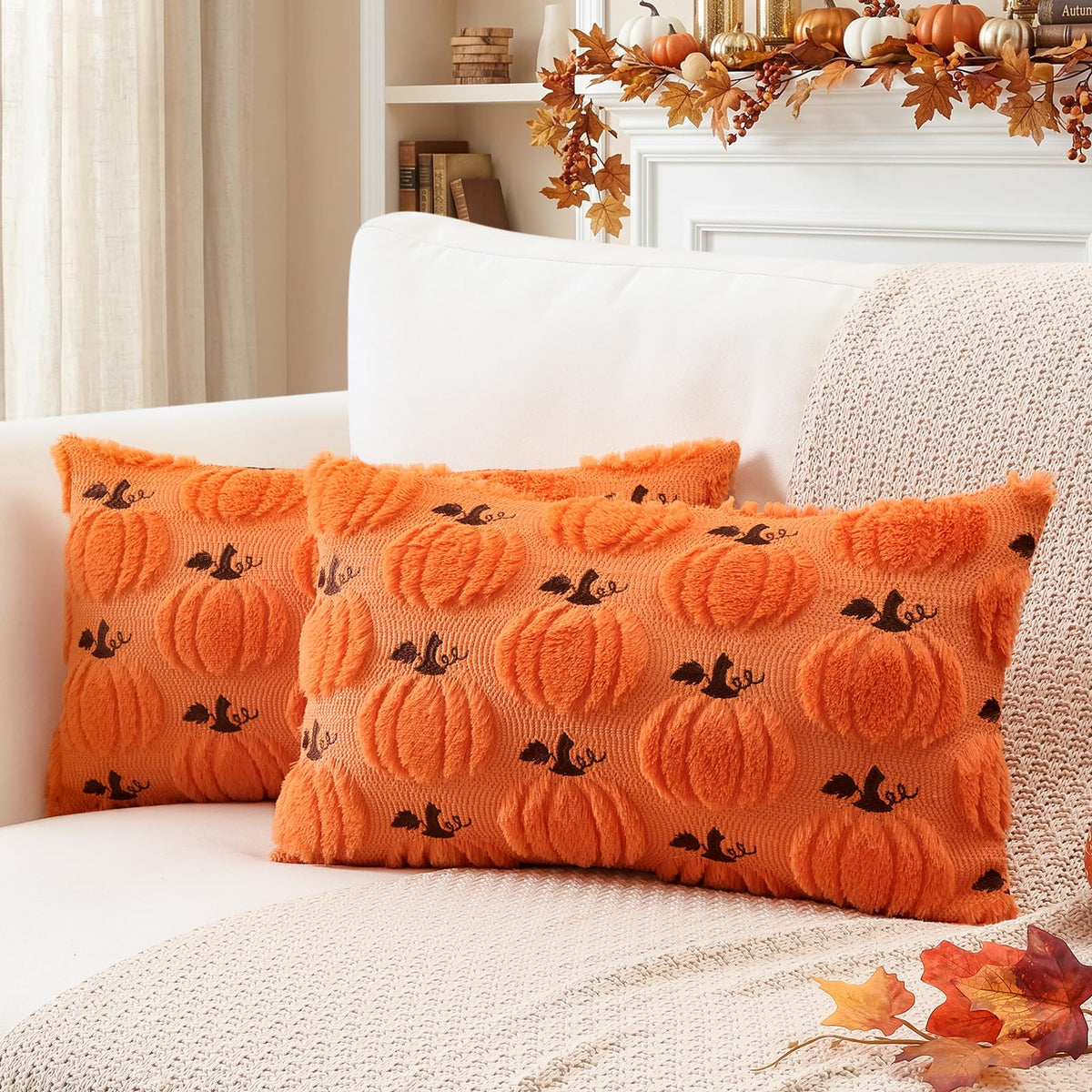 Artscope Fall Pumpkin Throw Pillow Covers 18x18 Set of 2, Autumn Soft Plush Faux Fur Decoration Cushion Covers for Thanksgiving Holiday Couch Sofa Bedroom Home Decor-Mustard Yellow