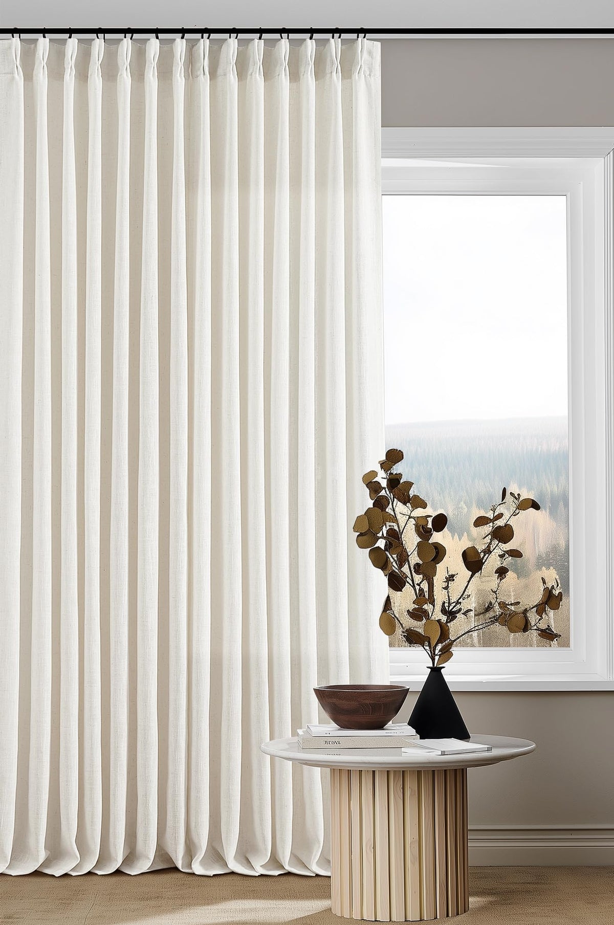 TWODRAPES Natural Pinch Pleated Linen Semi Sheer 84 Inch Curtains 2 Panels